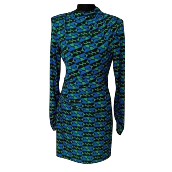 Zara Long Sleeve Geometric Mock Neck Mini Bodycon Dress Blue/Green/Black Large - Picture 1 of 7
